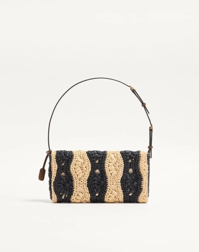 Valentino Garavani DeVain Small Shoulder Bag In Raffia With Wave Pattern