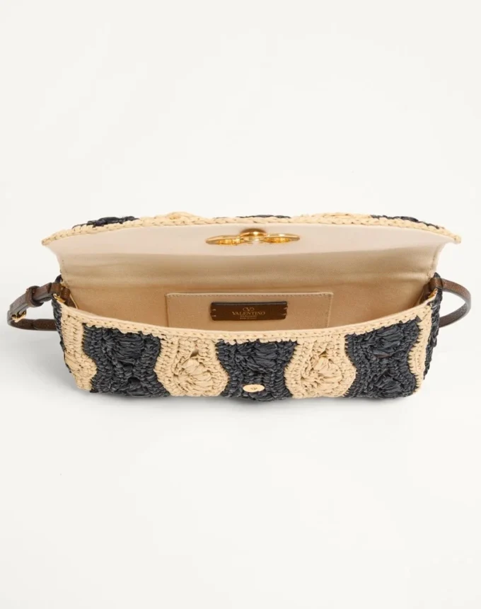 Valentino Garavani DeVain Small Shoulder Bag In Raffia With Wave Pattern