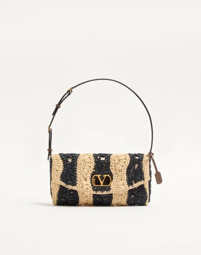 Valentino Garavani DeVain Small Shoulder Bag In Raffia With Wave Pattern