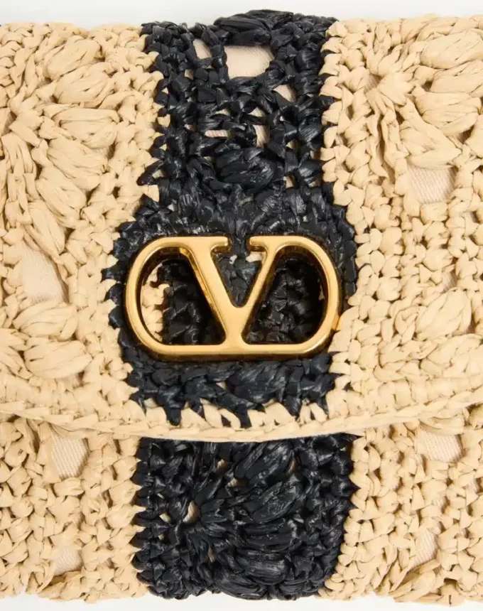 Valentino Garavani DeVain Small Shoulder Bag In Raffia With Wave Pattern