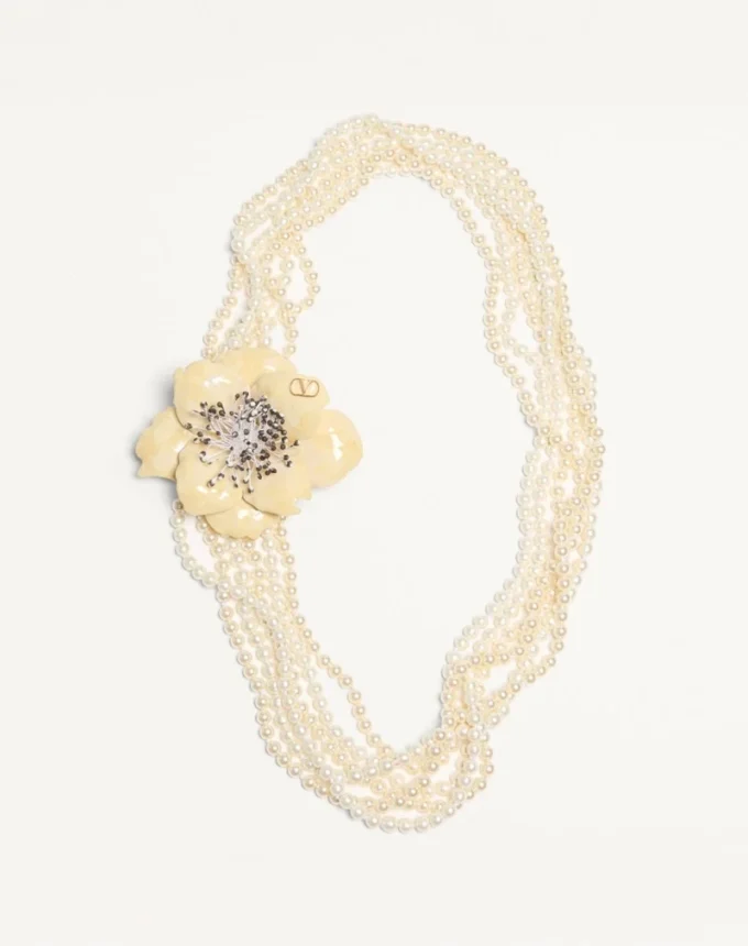 Valentino Garavani Fleur Lumineuse Necklace In Metal, Enamel, Pearls And Fabric