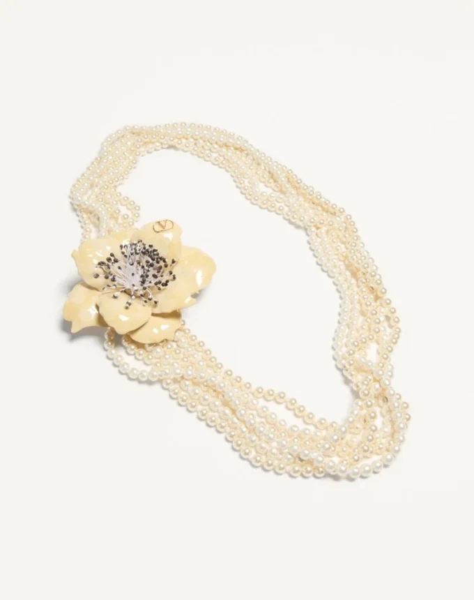 Valentino Garavani Fleur Lumineuse Necklace In Metal, Enamel, Pearls And Fabric