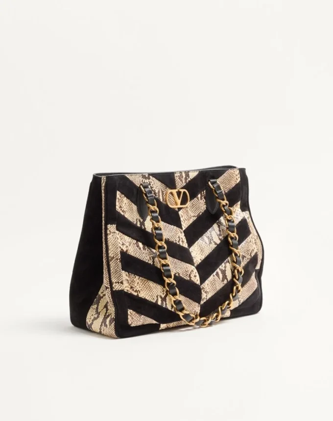 Valentino Garavani Laseine Shopping Bag In Python And Chevron-Patterned Suede
