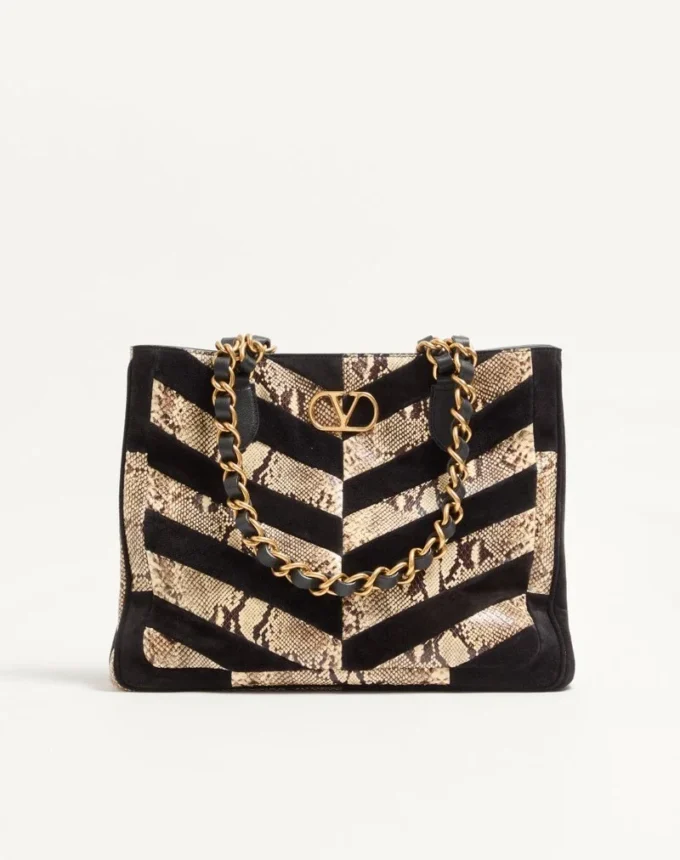 Valentino Garavani Laseine Shopping Bag In Python And Chevron-Patterned Suede