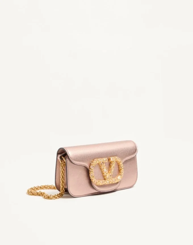 Valentino Garavani Locò Small Shoulder Bag In Laminated Calfskin With Jewel Logo Valentino Garavani Locò Small Shoulder Bag In Laminated Calfskin With Jewel Logo