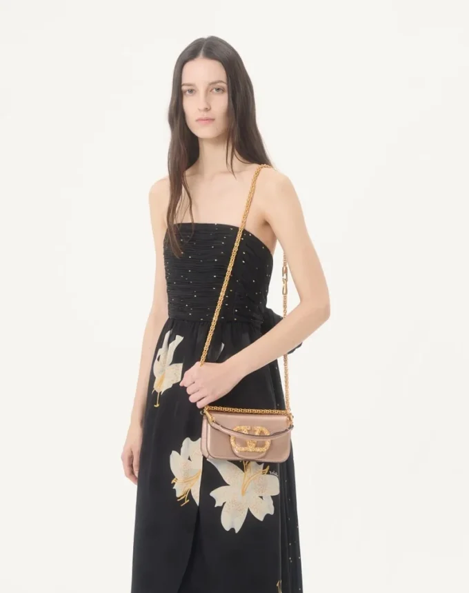 Valentino Garavani Locò Small Shoulder Bag In Laminated Calfskin With Jewel Logo Valentino Garavani Locò Small Shoulder Bag In Laminated Calfskin With Jewel Logo