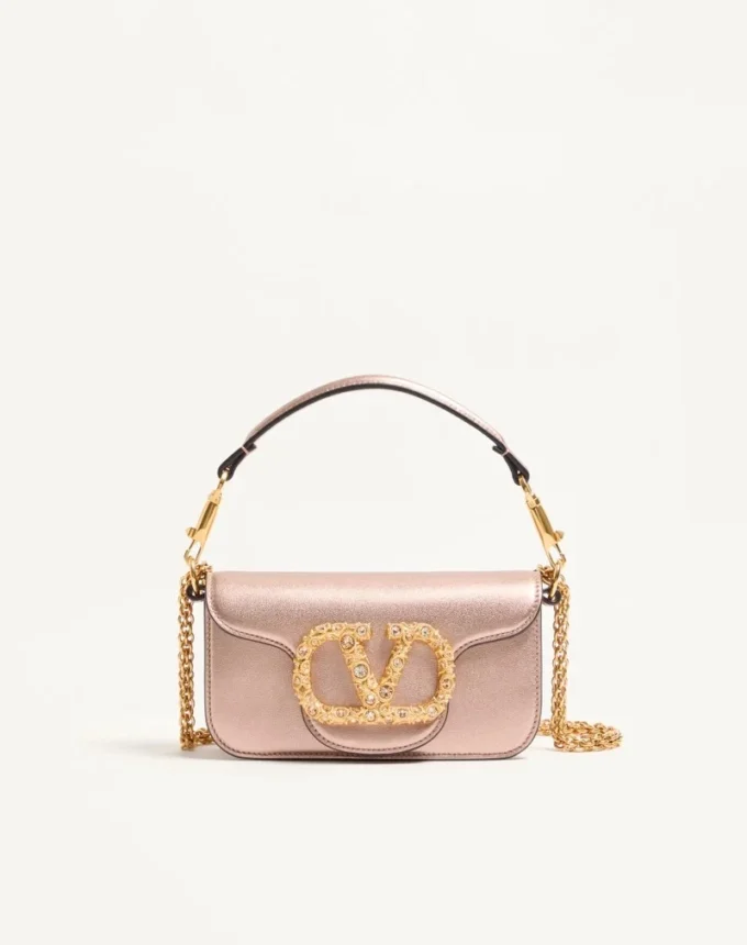 Valentino Garavani Locò Small Shoulder Bag In Laminated Calfskin With Jewel Logo Valentino Garavani Locò Small Shoulder Bag In Laminated Calfskin With Jewel Logo