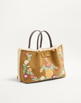 Valentino Garavani Medium Shopping Bag In Embroidered Suede With Sheepskin Lining