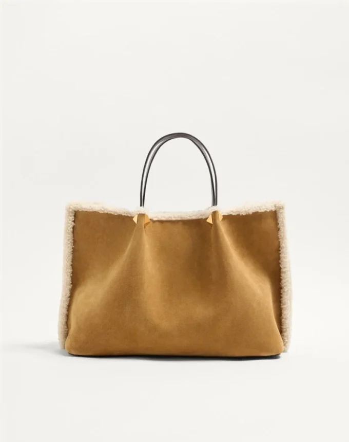 Valentino Garavani Medium Shopping Bag In Embroidered Suede With Sheepskin Lining