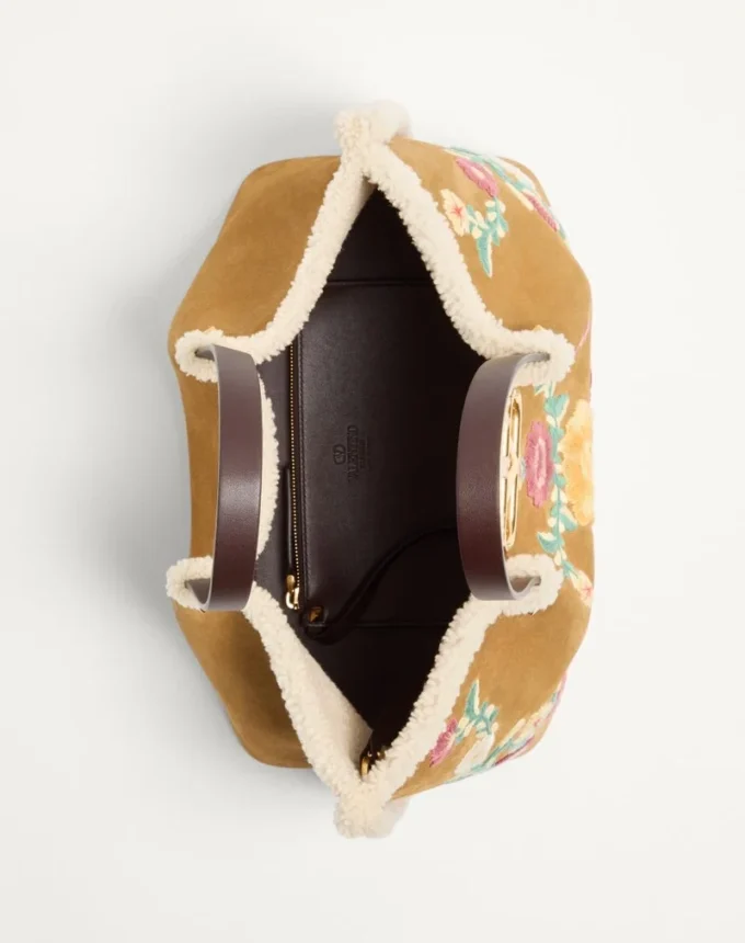 Valentino Garavani Medium Shopping Bag In Embroidered Suede With Sheepskin Lining