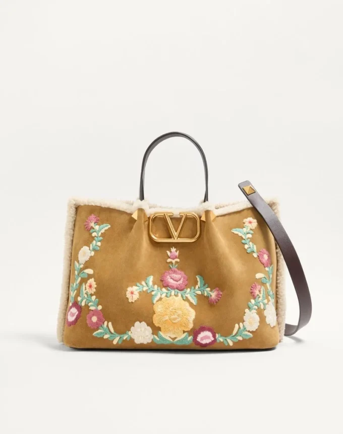 Valentino Garavani Medium Shopping Bag In Embroidered Suede With Sheepskin Lining