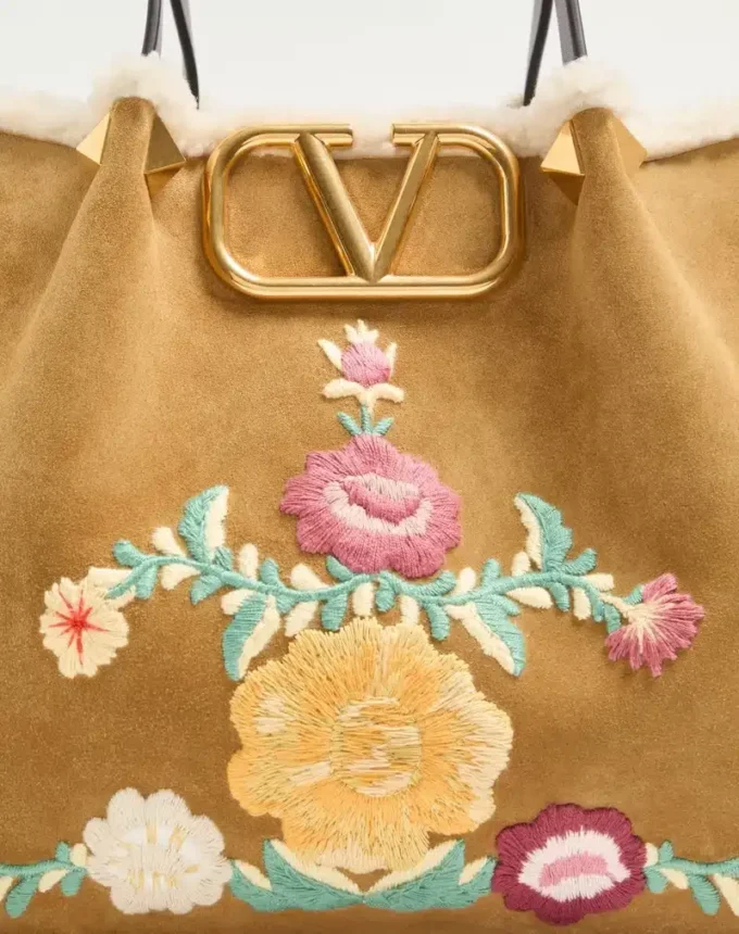 Valentino Garavani Medium Shopping Bag In Embroidered Suede With Sheepskin Lining