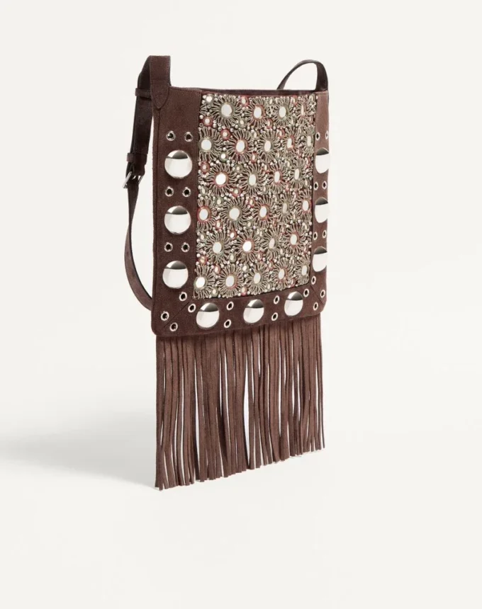 Valentino Garavani Nellcôte Embroidered Shoulder Bag With Fringes