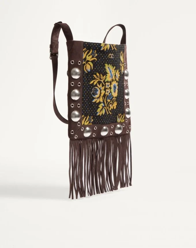 Valentino Garavani Nellcôte Shoulder Bag In Jacquard Fabric With Fringes