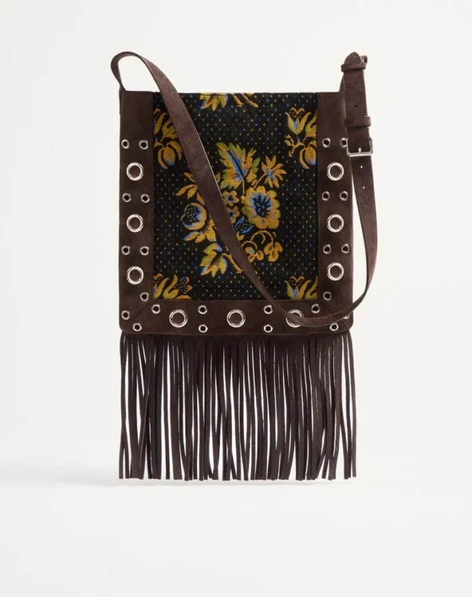 Valentino Garavani Nellcôte Shoulder Bag In Jacquard Fabric With Fringes