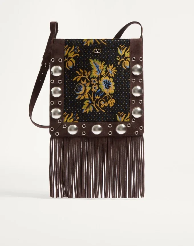 Valentino Garavani Nellcôte Shoulder Bag In Jacquard Fabric With Fringes