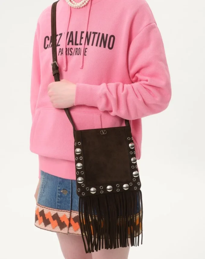 Valentino Garavani Nellcôte Small Shoulder Bag In Suede With Fringes