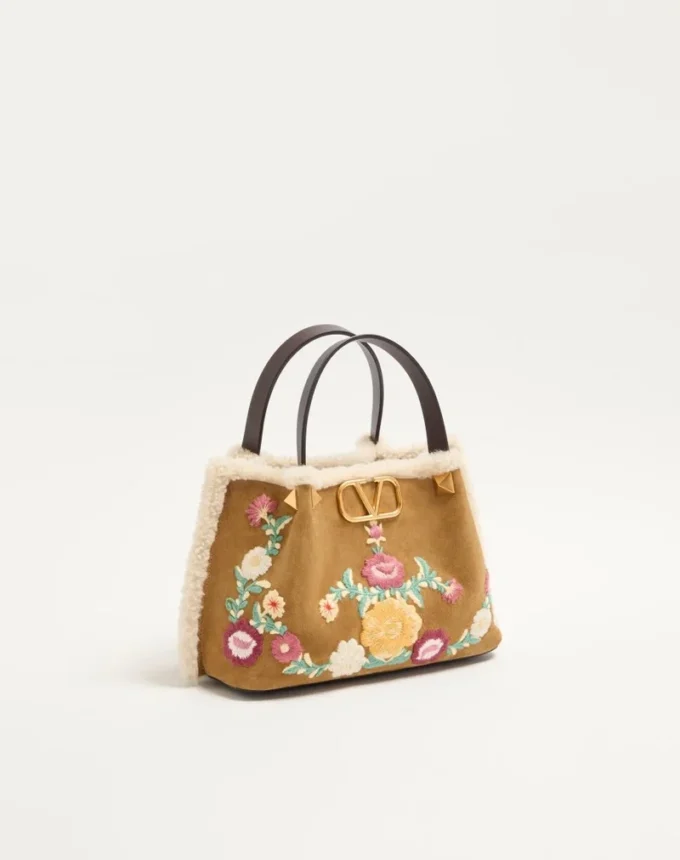 Valentino Garavani Small Shopping Bag In Embroidered Suede With Sheepskin Lining Valentino Garavani Small Shopping Bag In Embroidered Suede With Sheepskin Lining