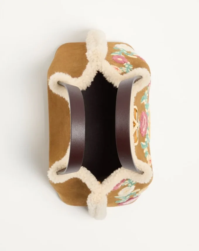 Valentino Garavani Small Shopping Bag In Embroidered Suede With Sheepskin Lining Valentino Garavani Small Shopping Bag In Embroidered Suede With Sheepskin Lining