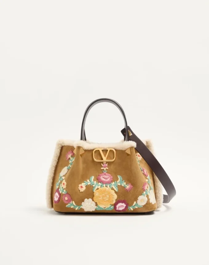 Valentino Garavani Small Shopping Bag In Embroidered Suede With Sheepskin Lining Valentino Garavani Small Shopping Bag In Embroidered Suede With Sheepskin Lining