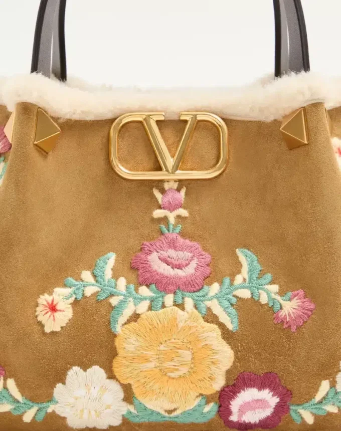 Valentino Garavani Small Shopping Bag In Embroidered Suede With Sheepskin Lining Valentino Garavani Small Shopping Bag In Embroidered Suede With Sheepskin Lining
