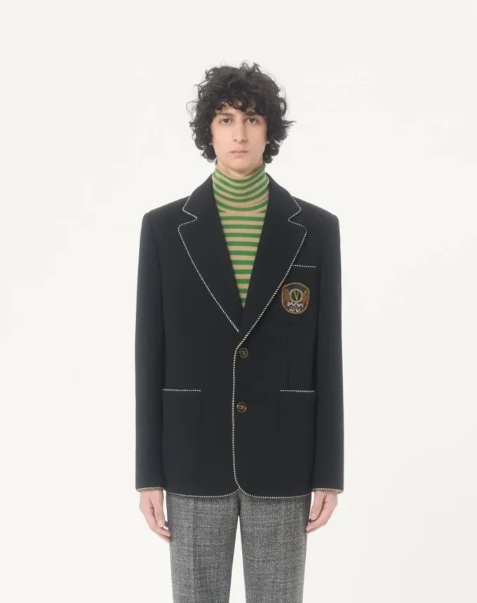 Valentino Single-Breasted Wool Jacket with Valentino Patch Valentino Single-Breasted Wool Jacket with Valentino Patch
