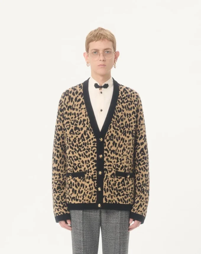 Valentino Wool Cardigan with Fauve Eclat Animal Print Jacquard