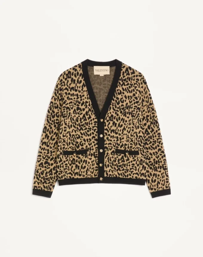 Valentino Wool Cardigan with Fauve Eclat Animal Print Jacquard