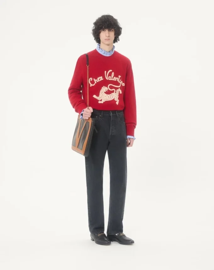 Valentino Wool Sweater with Chez Valentino & Panther Embroidery