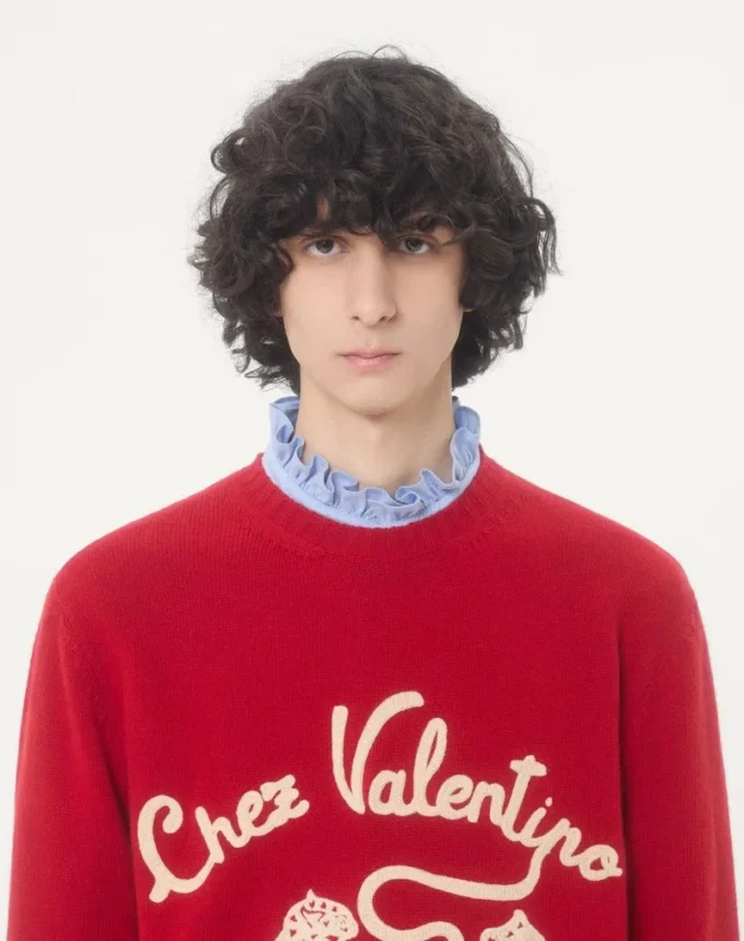 Valentino Wool Sweater with Chez Valentino & Panther Embroidery