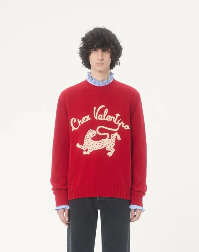 Valentino Wool Sweater with Chez Valentino & Panther Embroidery