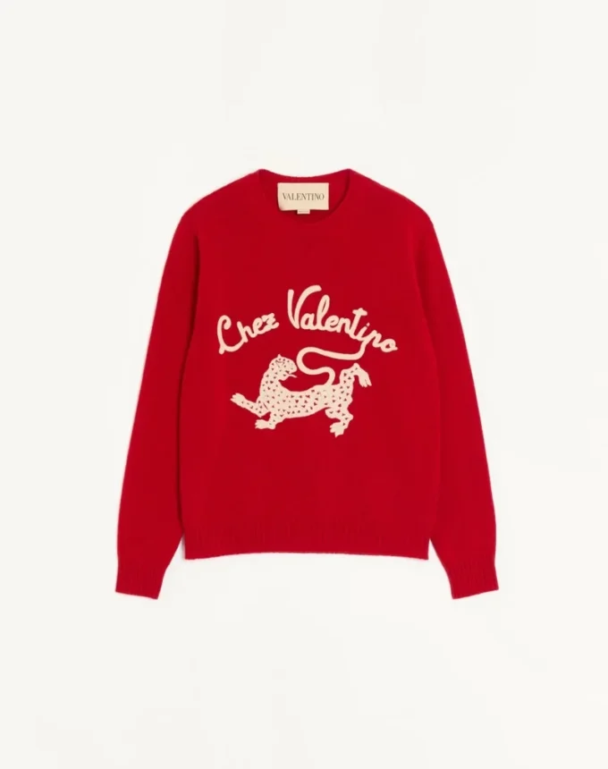 Valentino Wool Sweater with Chez Valentino & Panther Embroidery