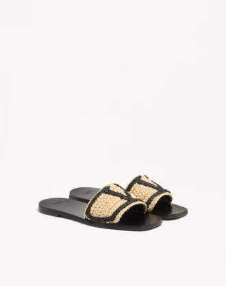 Viva Superstar Slide Sandal In Raffia With Crochet Embroidery