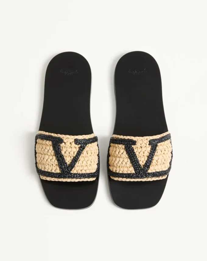 Viva Superstar Slide Sandal In Raffia With Crochet Embroidery