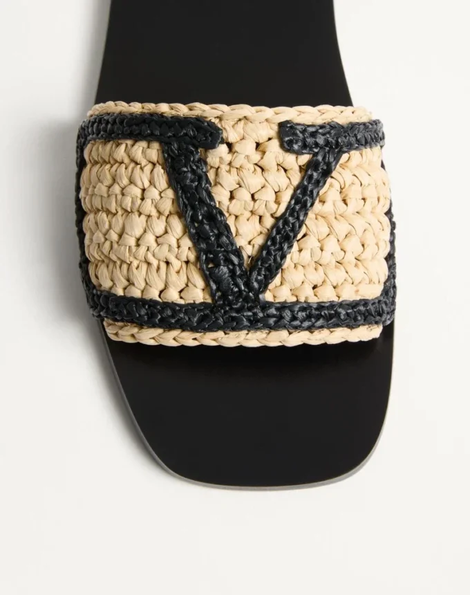 Viva Superstar Slide Sandal In Raffia With Crochet Embroidery
