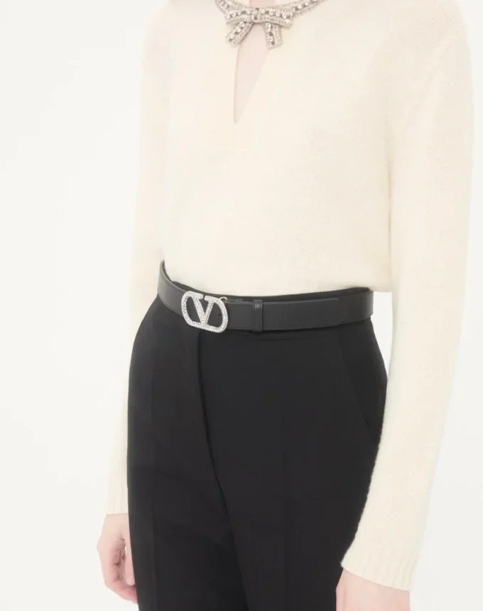 VLogo Signature Belt In Shiny Calfskin With Crystals 30 mm