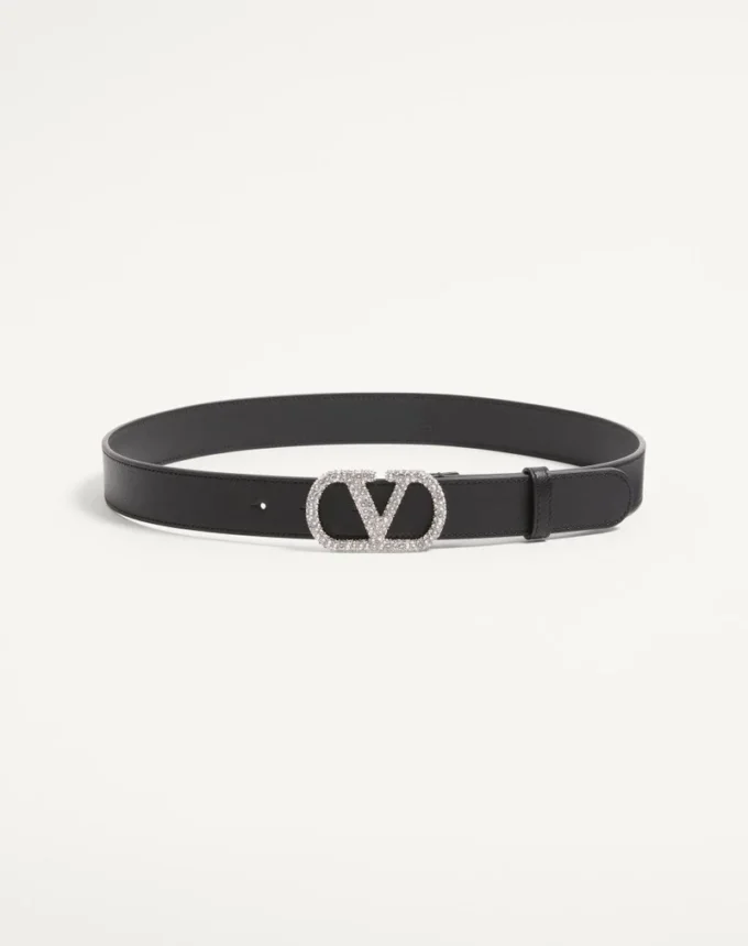 VLogo Signature Belt In Shiny Calfskin With Crystals 30 mm