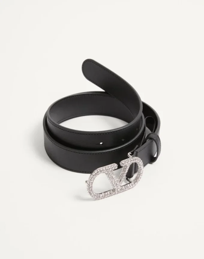 VLogo Signature Belt In Shiny Calfskin With Crystals 30 mm