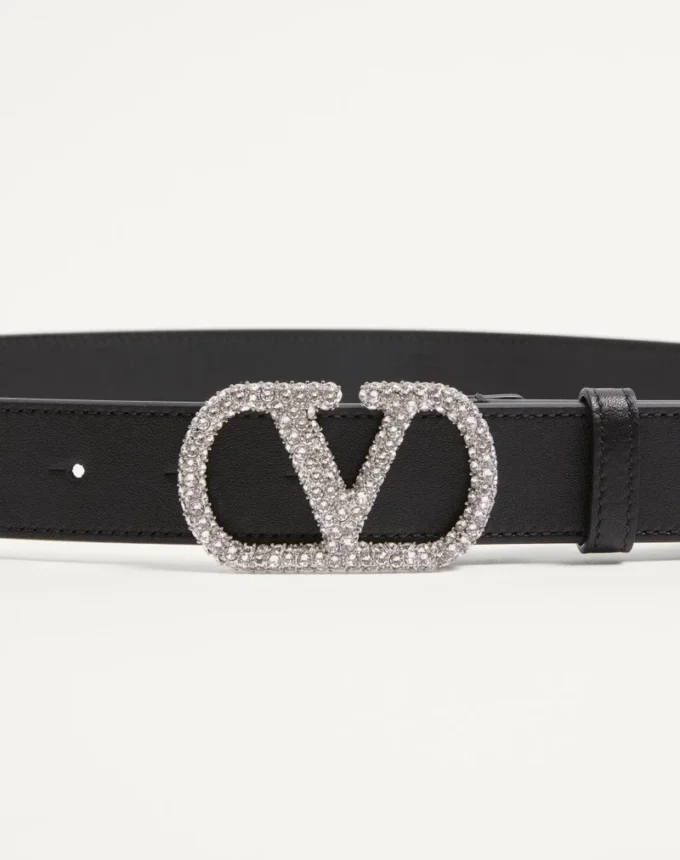 VLogo Signature Belt In Shiny Calfskin With Crystals 30 mm