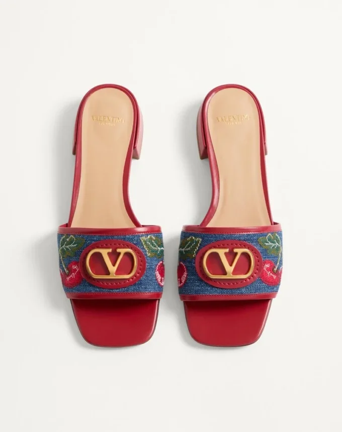 Vlogo Signature Denim Slide Sandal With Cherryfic Embroidery 20Mm Vlogo Signature Denim Slide Sandal With Cherryfic Embroidery 20Mm