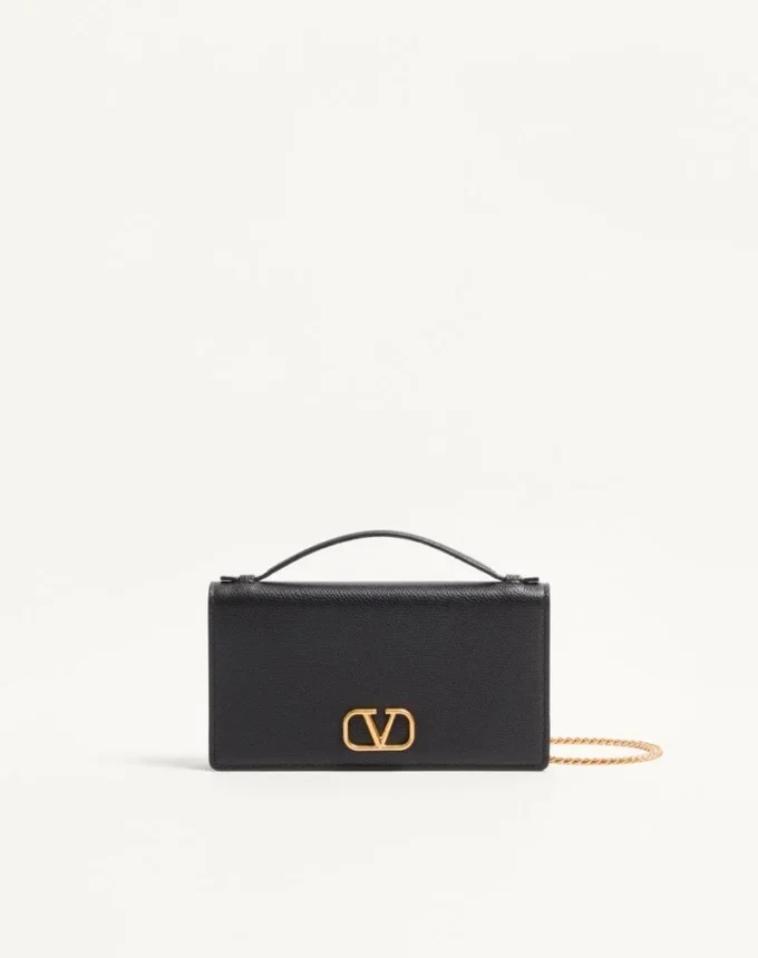 VLogo Signature Grainy Calfskin Wallet With Chain