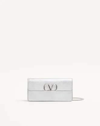 Vlogo Signature Metallic Grainy Calfskin Wallet With Chain