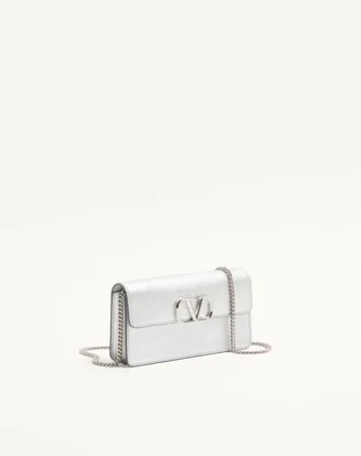 Vlogo Signature Metallic Grainy Calfskin Wallet With Chain