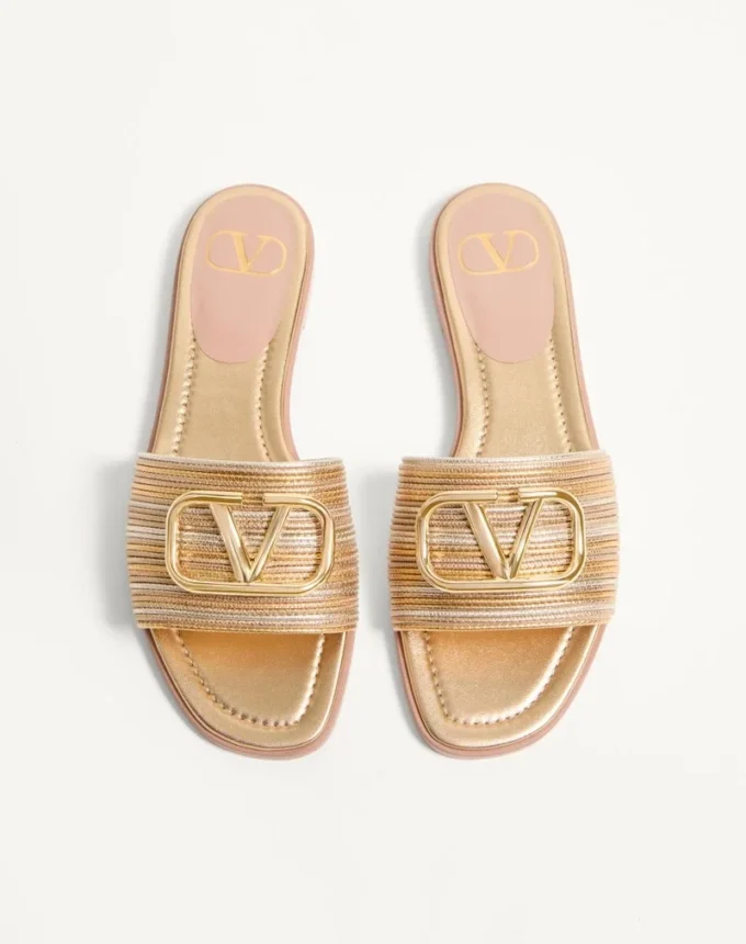 Vlogo Signature Metallic Leather Slide Sandal With Cornely Embroidery