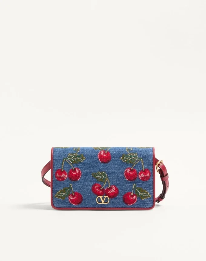 Vlogo Signature Mini Denim Shoulder Bag With Cherryfic Embroidery