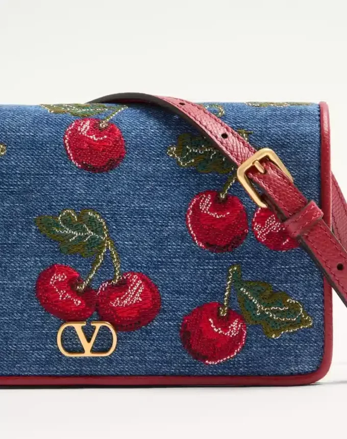 Vlogo Signature Mini Denim Shoulder Bag With Cherryfic Embroidery