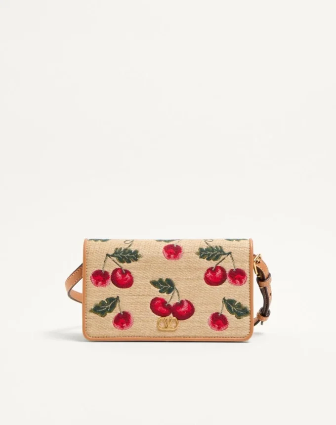 Vlogo Signature Mini Shoulder Bag In Jacquard Raffia With Cherryfic Pattern