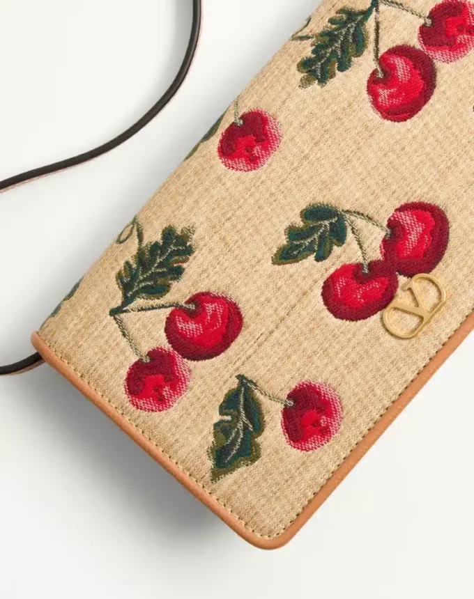 Vlogo Signature Mini Shoulder Bag In Jacquard Raffia With Cherryfic Pattern