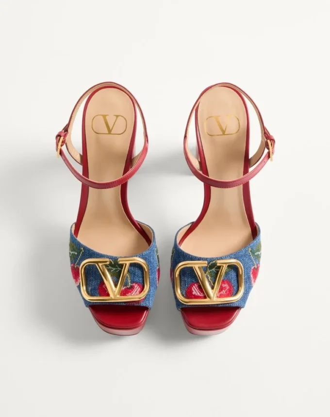 Vlogo Signature Platform Denim Sandal With Cherryfic Embroidery 115Mm Vlogo Signature Platform Denim Sandal With Cherryfic Embroidery 115Mm