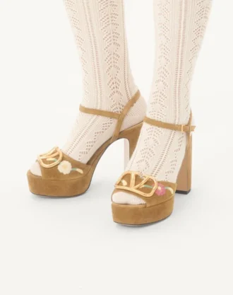 VLogo Signature Platform Sandal In Split Leather With Floral Embroidery 115 Mm